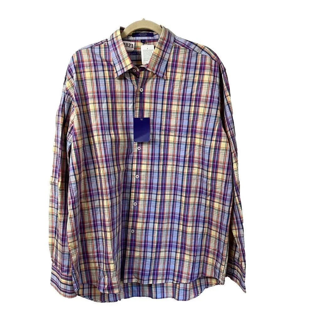 Alan Flusser Mens Multicolor Button Up Shirt XL Classic Plaid Cotton Long Sleeve